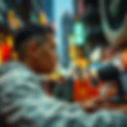 A modern depiction of sports betting in a vibrant urban setting