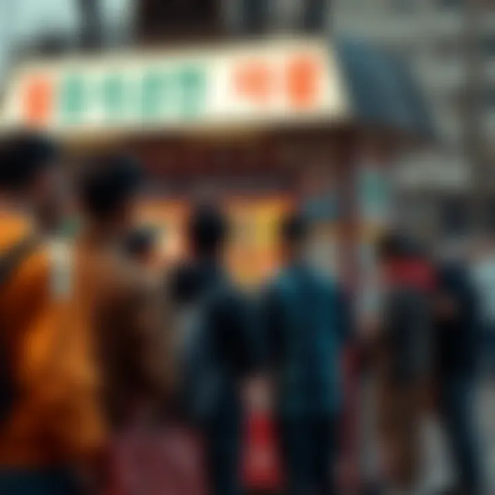 Community Engagement at Lottery Kiosk A community gathering around a lottery kiosk, highlighting social interaction