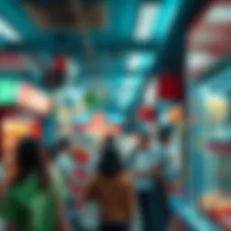 A bustling lottery shop showcasing vibrant displays and eager customers