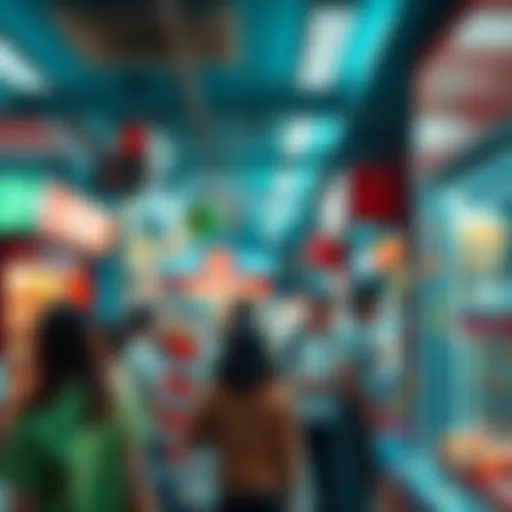 Vibrant Atmosphere of a Lottery Shop A bustling lottery shop showcasing vibrant displays and eager customers