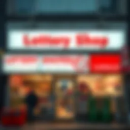 A storefront of a lottery ticket shop with bright signage