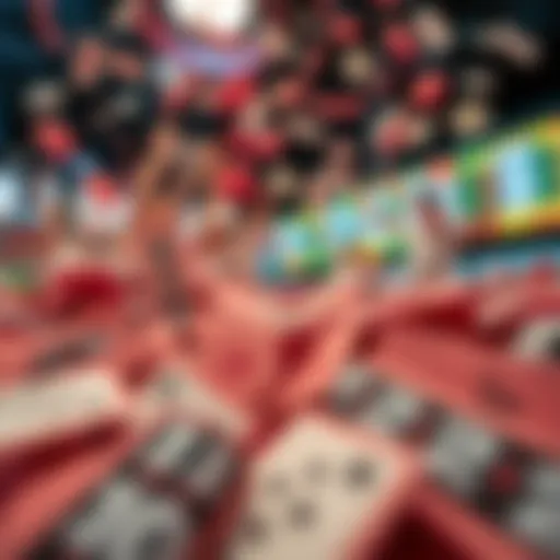 An abstract representation of lottery tickets and sports betting symbols converging together